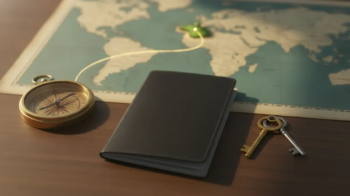 Pasaporte y brújula sobre un mapa con un hilo dorado de Latinoamérica a Europa, y dos llaves: el ETIAS y el visado