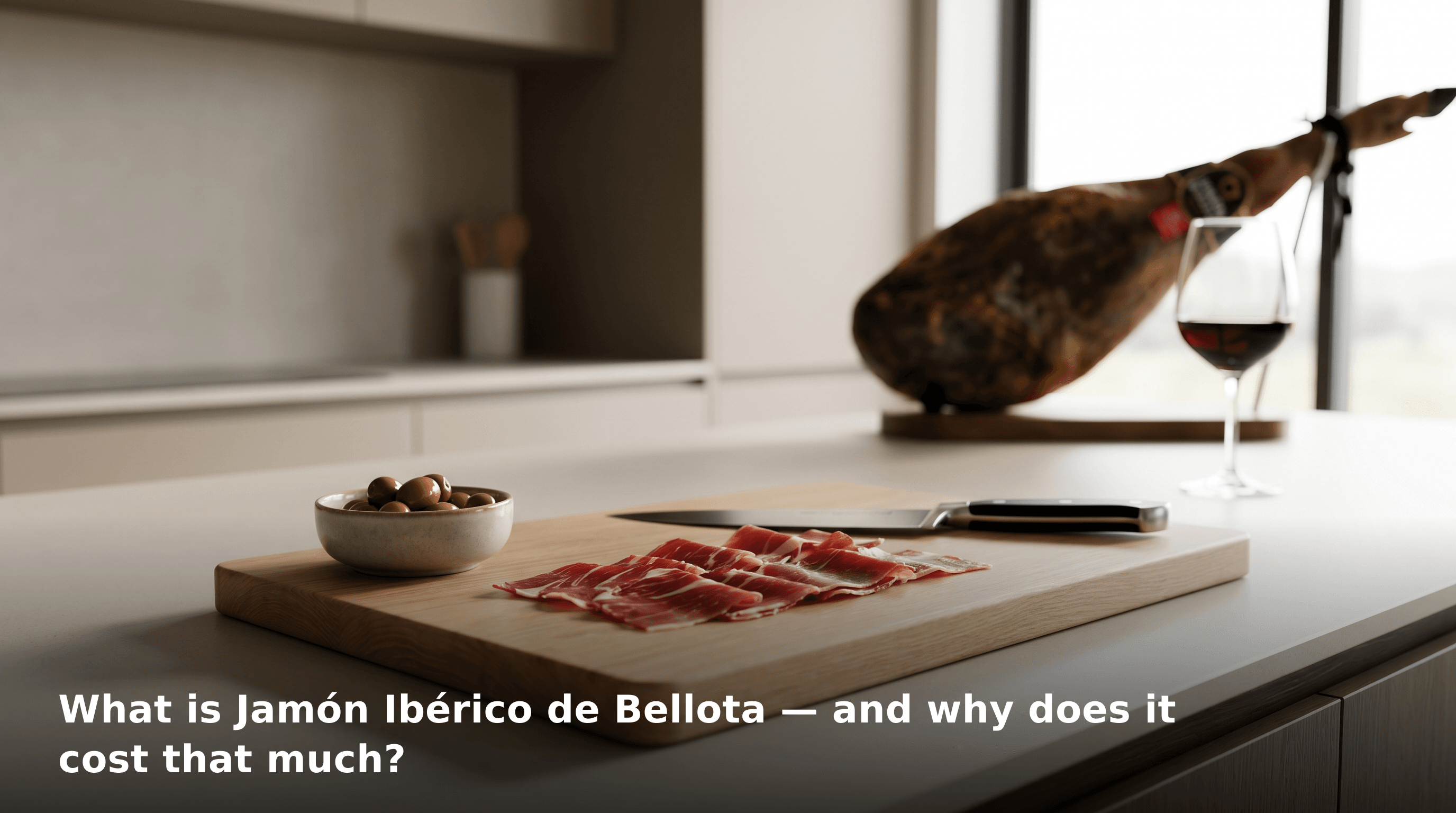 Thinly sliced Jamón Ibérico on a warm wooden board